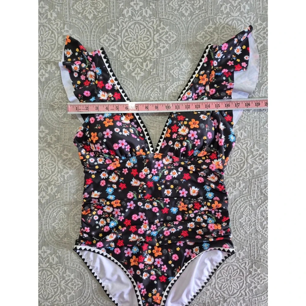 Aidonger Floral One Piece Swimsuit‎ Ruffle V-Neck Black Multicolor XL NWT